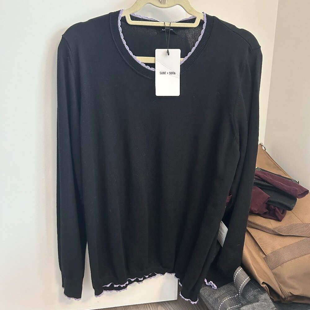 Saint + Sofia Black Sweater with Sparkly Purple Trim